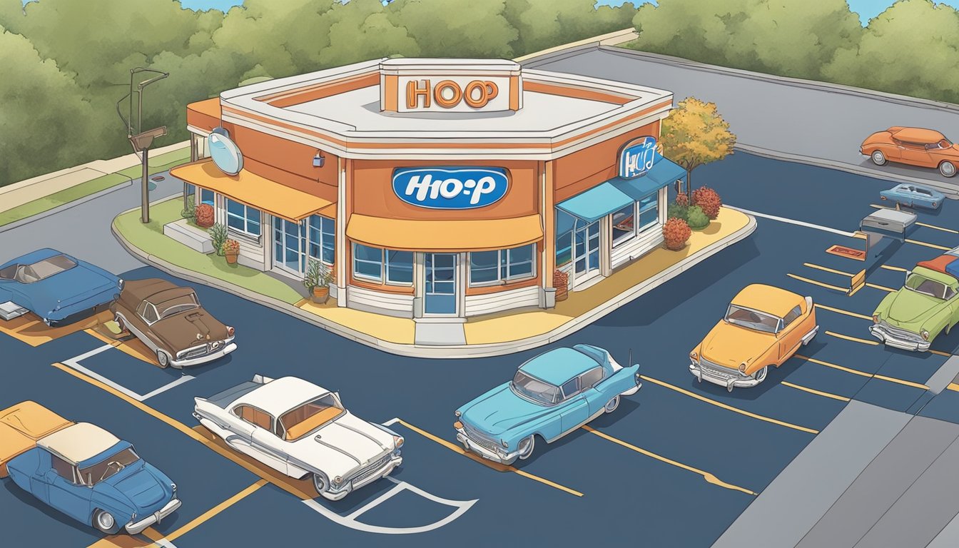 A colorful IHOP restaurant with a retro sign and a parking lot filled with cars, surrounded by quirky roadside attractions