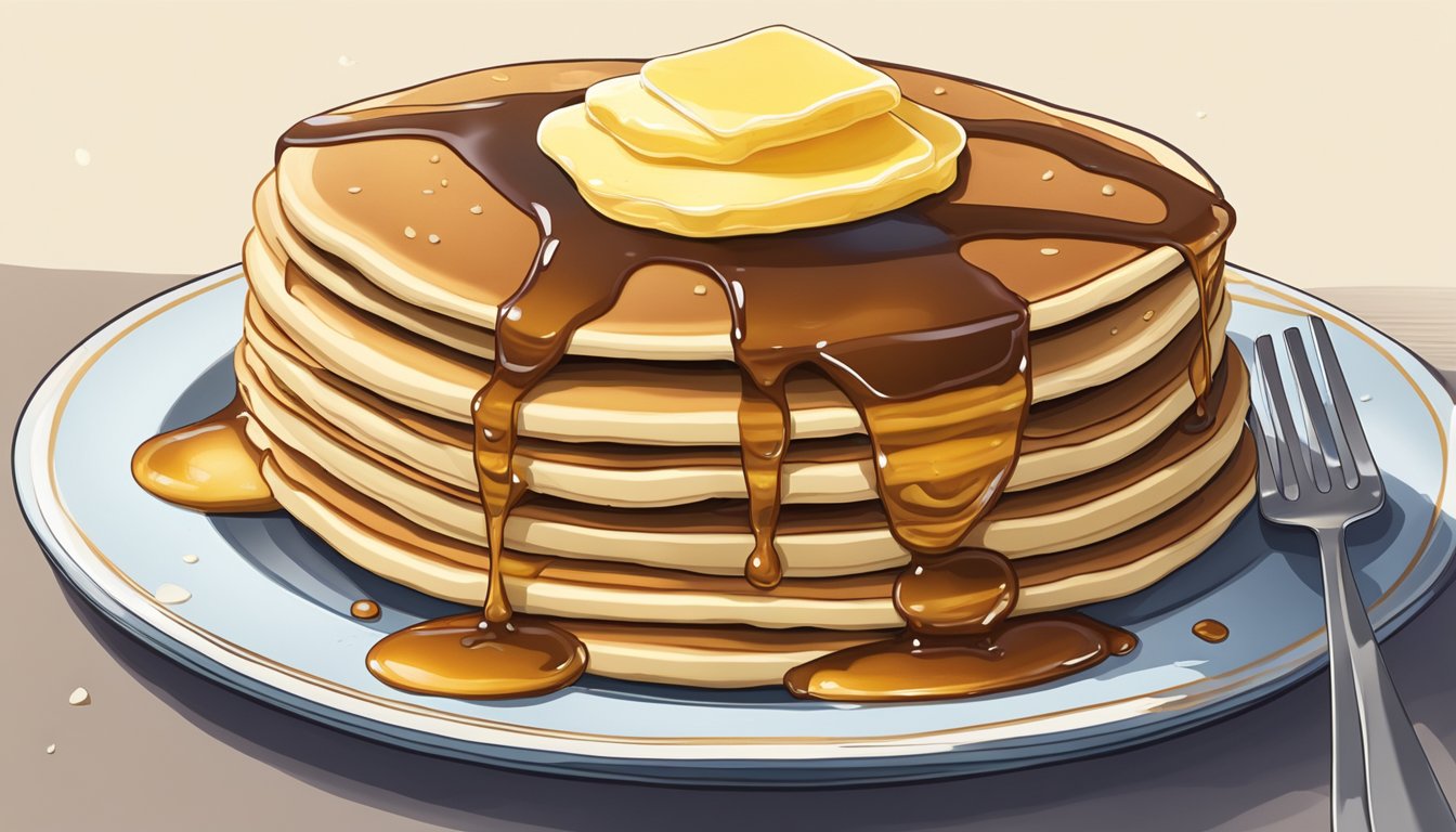 A plate with a stack of pancakes, a pat of butter melting on top, and a drizzle of syrup cascading down the sides