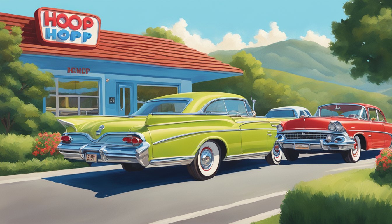 A vintage car pulls into an IHOP parking lot, surrounded by rolling hills and a clear blue sky. The iconic blue roof and red signage stand out against the green landscape