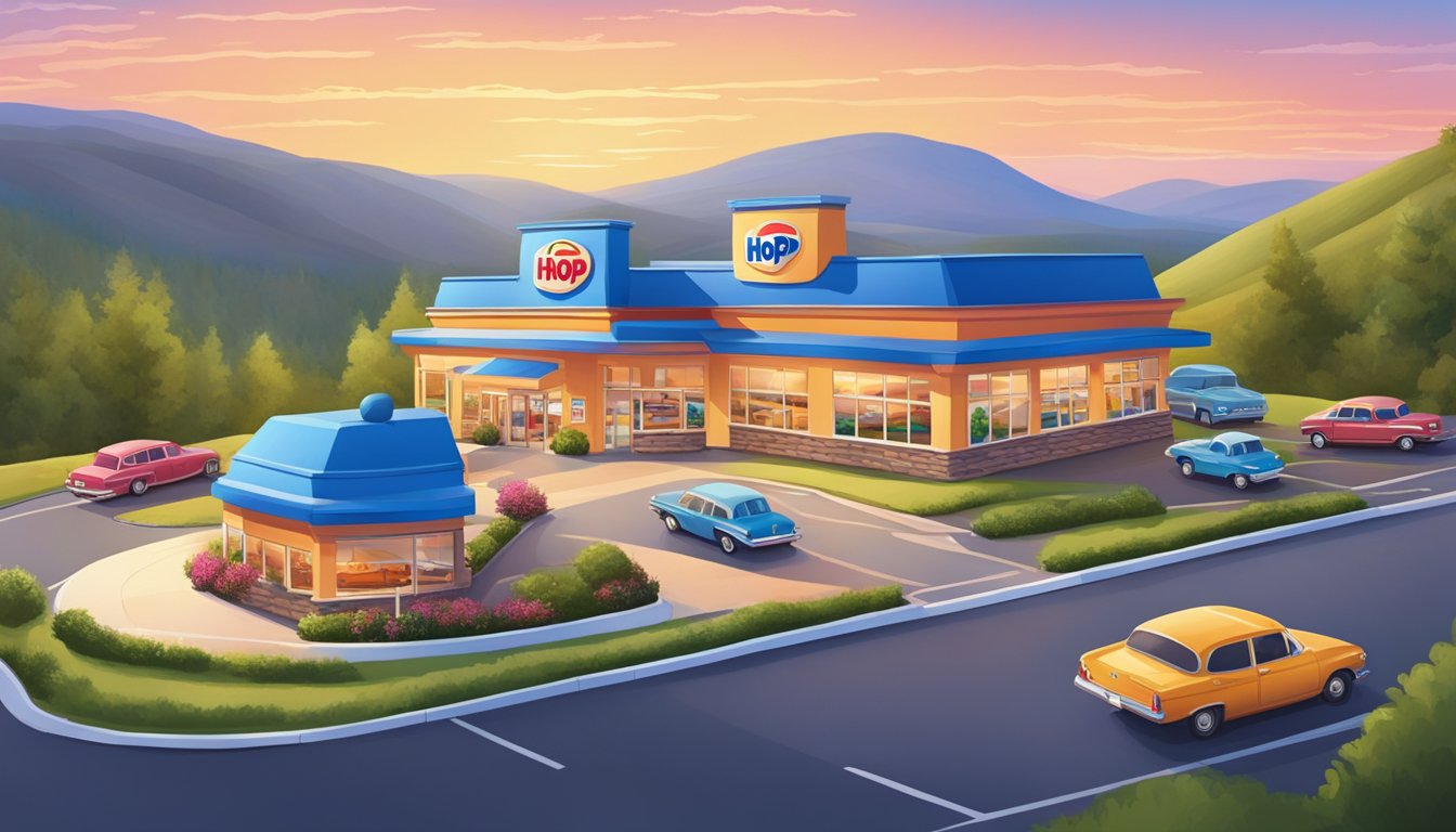 A colorful IHOP restaurant nestled among rolling hills and winding roads, with cars parked outside and a vibrant atmosphere inside