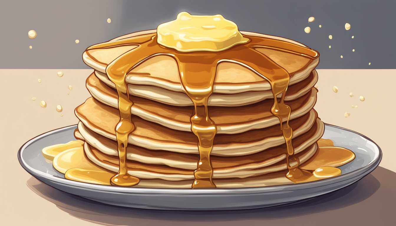 A stack of fluffy pancakes sits on a plate, with a pat of melting butter on top and a drizzle of syrup cascading down the sides