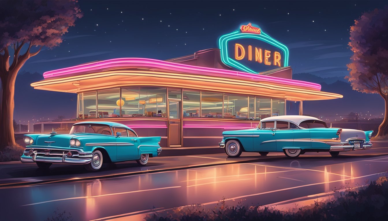 A classic diner nestled along a winding highway, with neon signs illuminating the night and a steady stream of cars pulling in for a taste of nostalgia