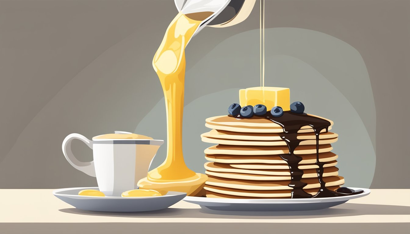 A stack of pancakes with butter and syrup being poured over them on a modern, minimalist breakfast table