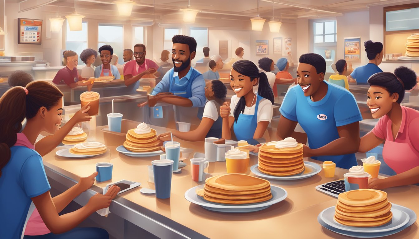 A bustling IHOP restaurant with a vibrant social media presence, featuring a variety of mouthwatering pancakes and a team of employees engaging with customers online