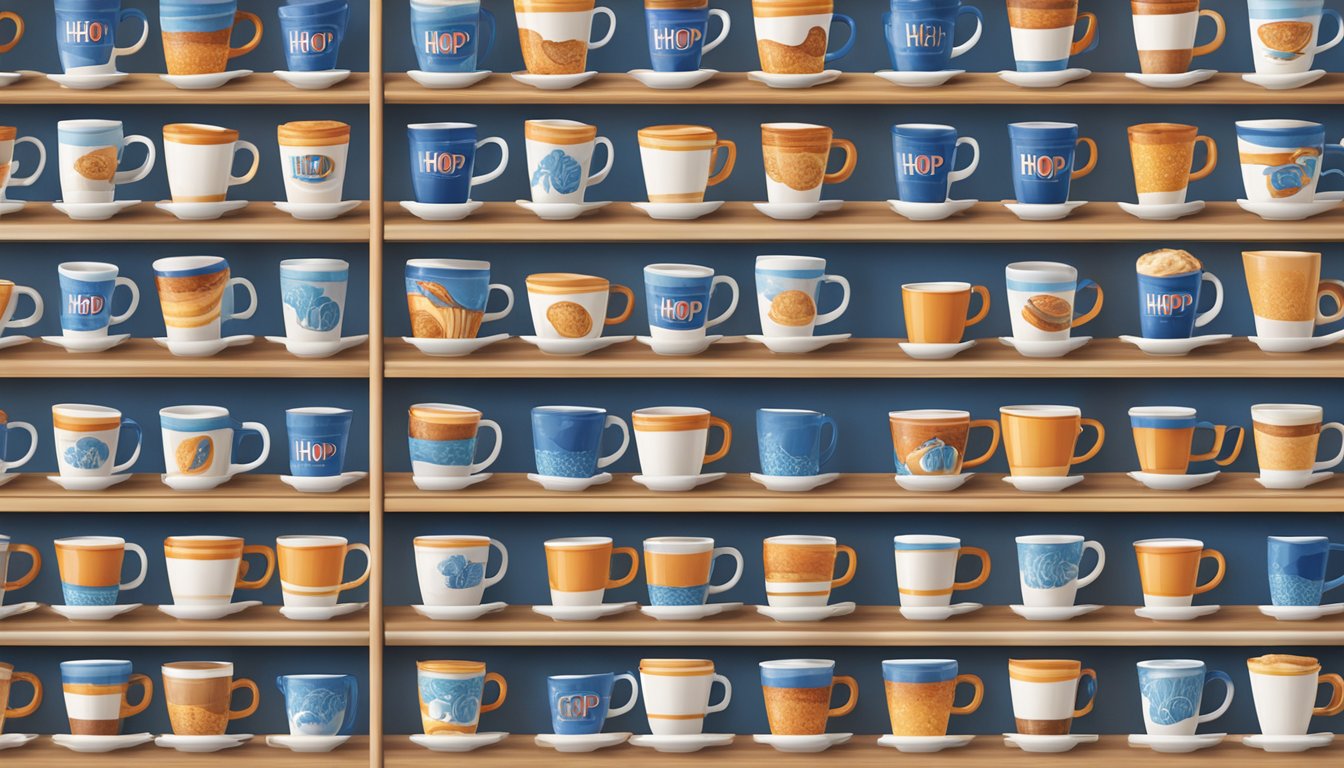 A shelf lined with IHOP mugs, each with a unique design and color, displayed in a well-lit room with a warm and inviting atmosphere