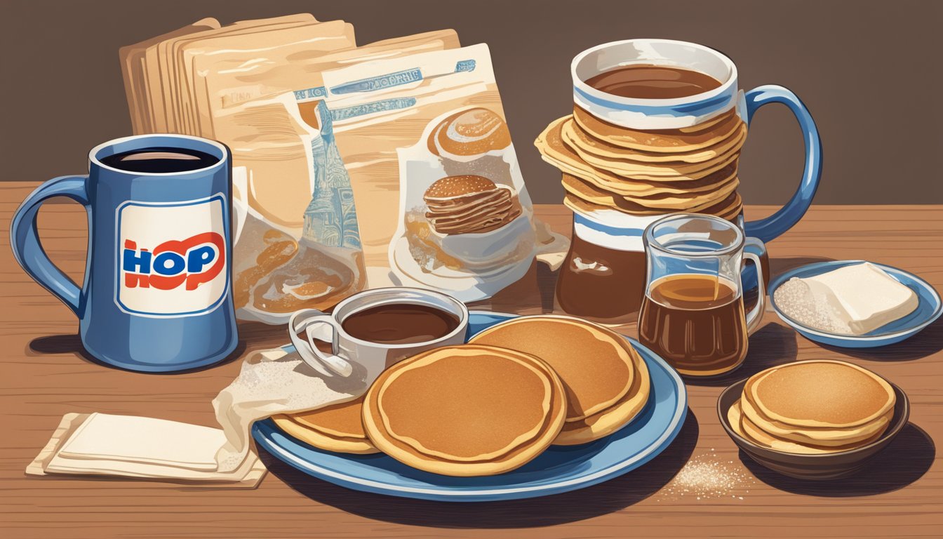 An IHOP mug surrounded by syrup, pancakes, and a stack of vintage menus