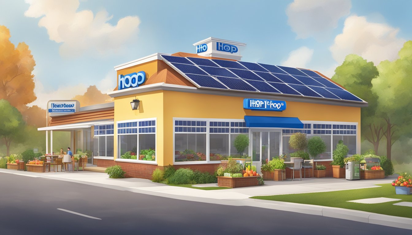 An IHOP restaurant with solar panels on the roof, recycling bins, and a garden with fresh produce