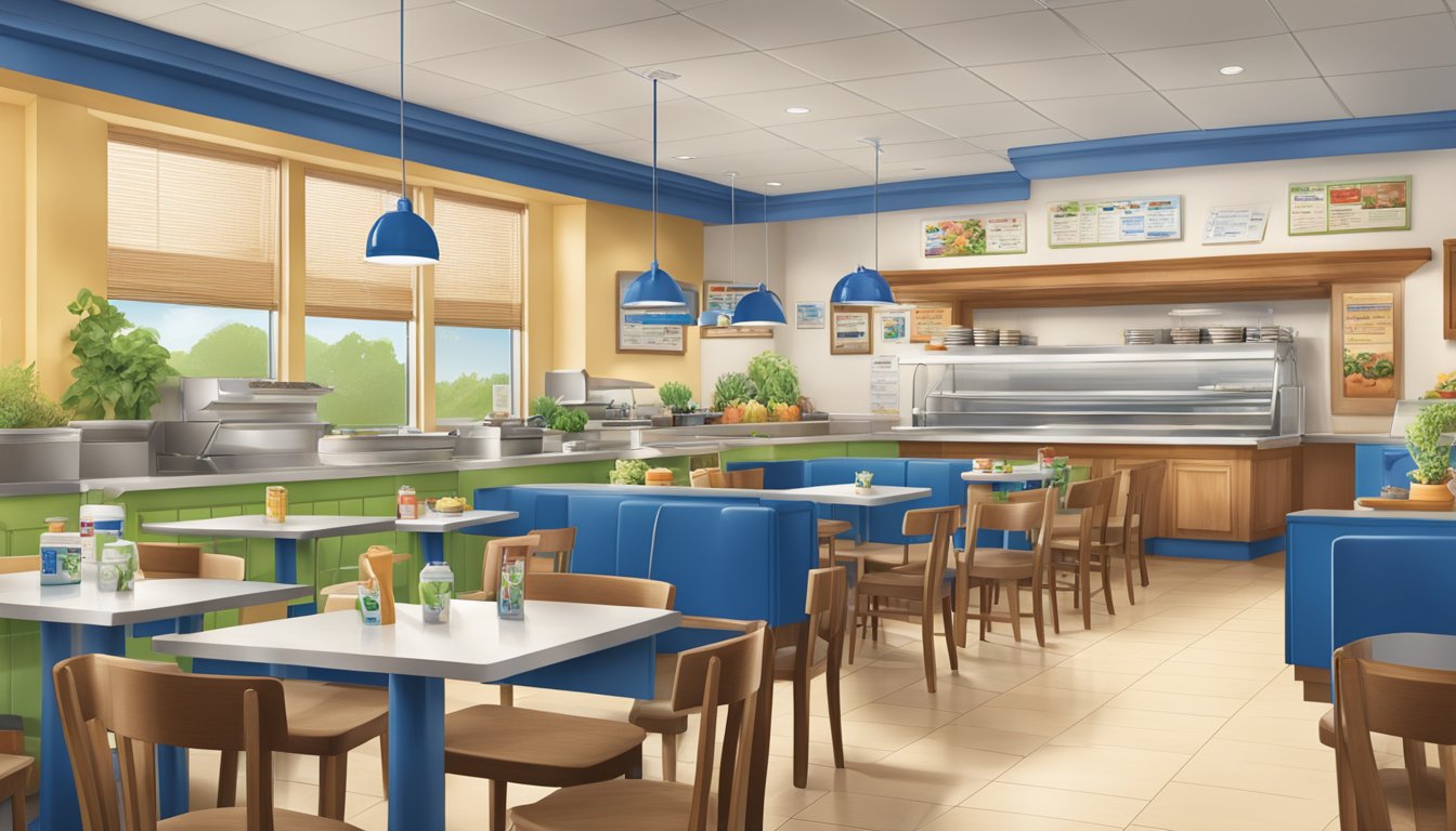 A bustling IHOP restaurant with a focus on eco-friendly practices, featuring a menu board showcasing sustainable food options and green initiatives