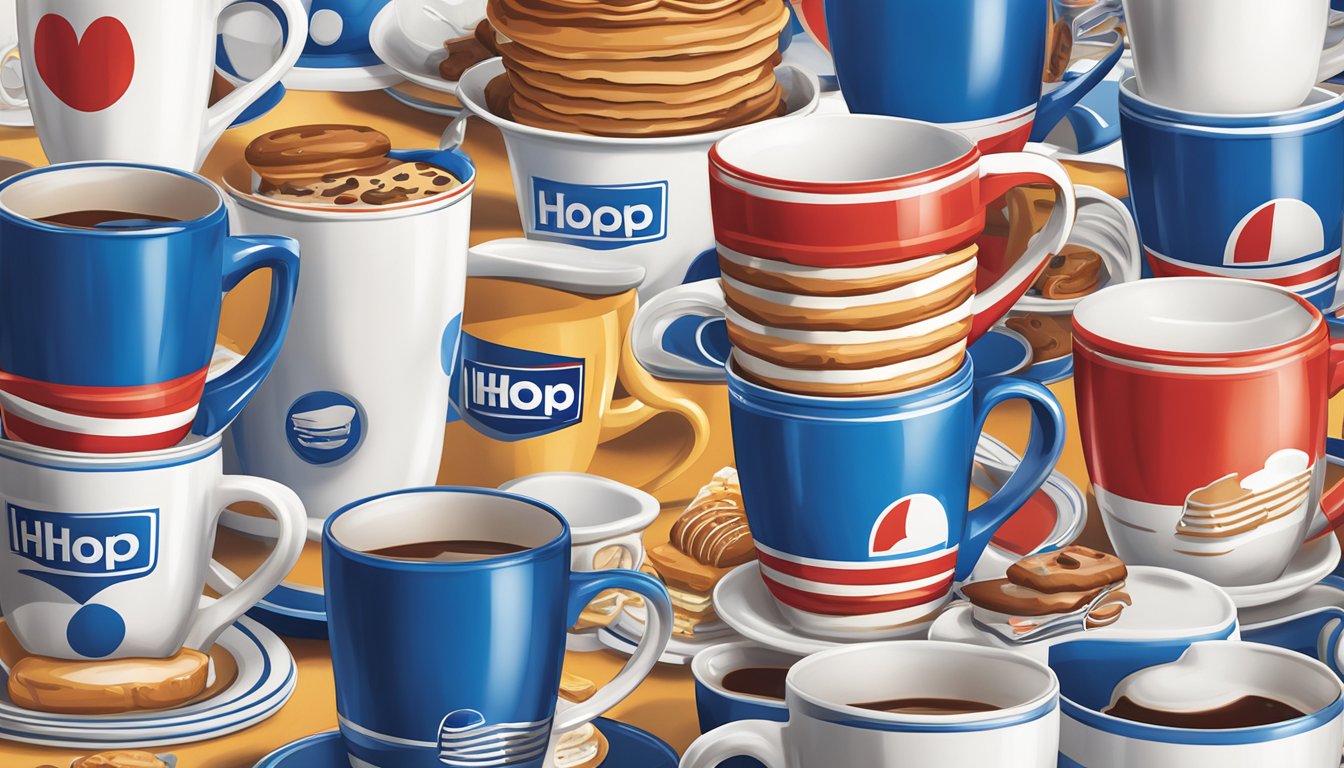 A stack of IHOP's iconic mugs surrounded by various branded merchandise and memorabilia