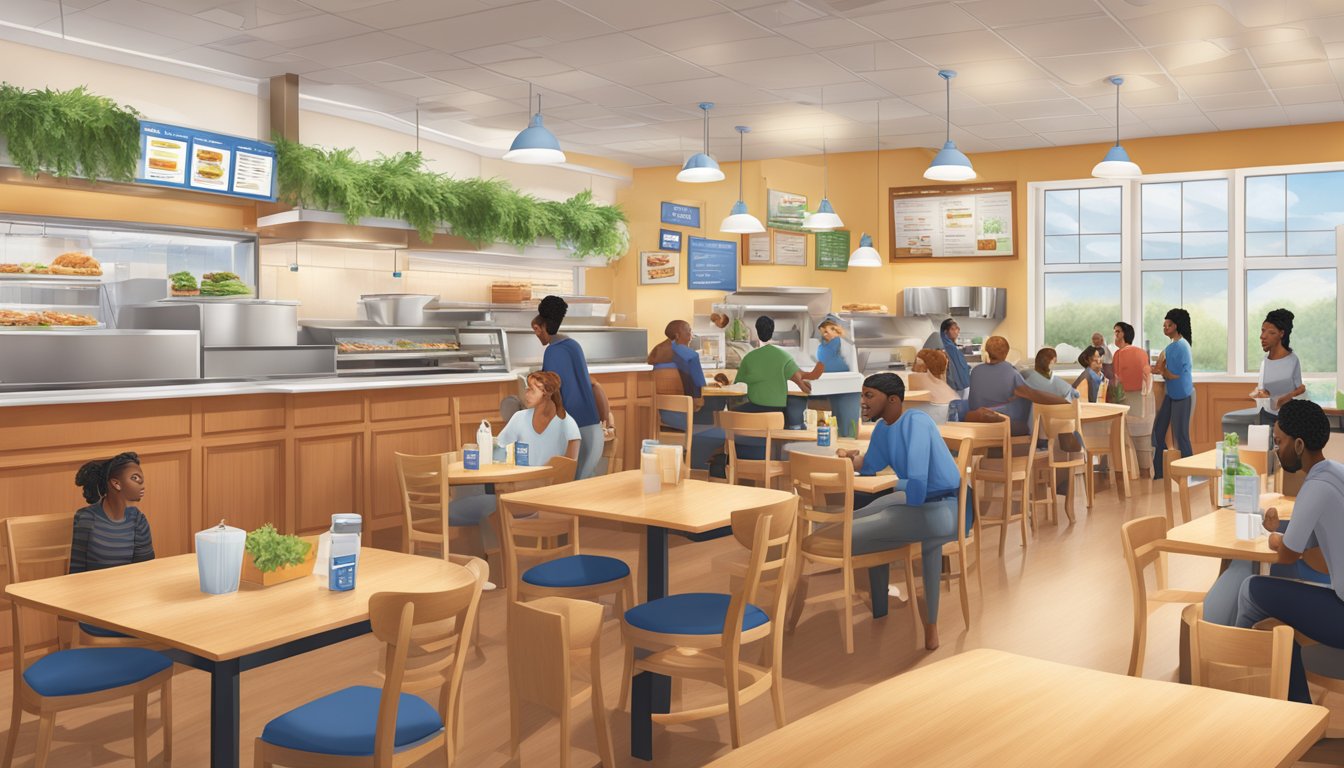 A bustling IHOP restaurant with eco-friendly signage, plant-based menu options, and accessible features for all customers