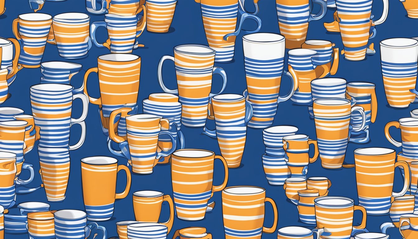 A crowded market stall with stacks of iconic IHOP mugs, each displaying the classic blue and white color scheme. The mugs are arranged in neat rows, catching the sunlight and gleaming with nostalgia