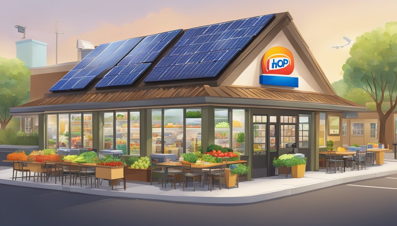 A bustling IHOP restaurant with solar panels on the roof, recycling bins, and a garden with fresh produce