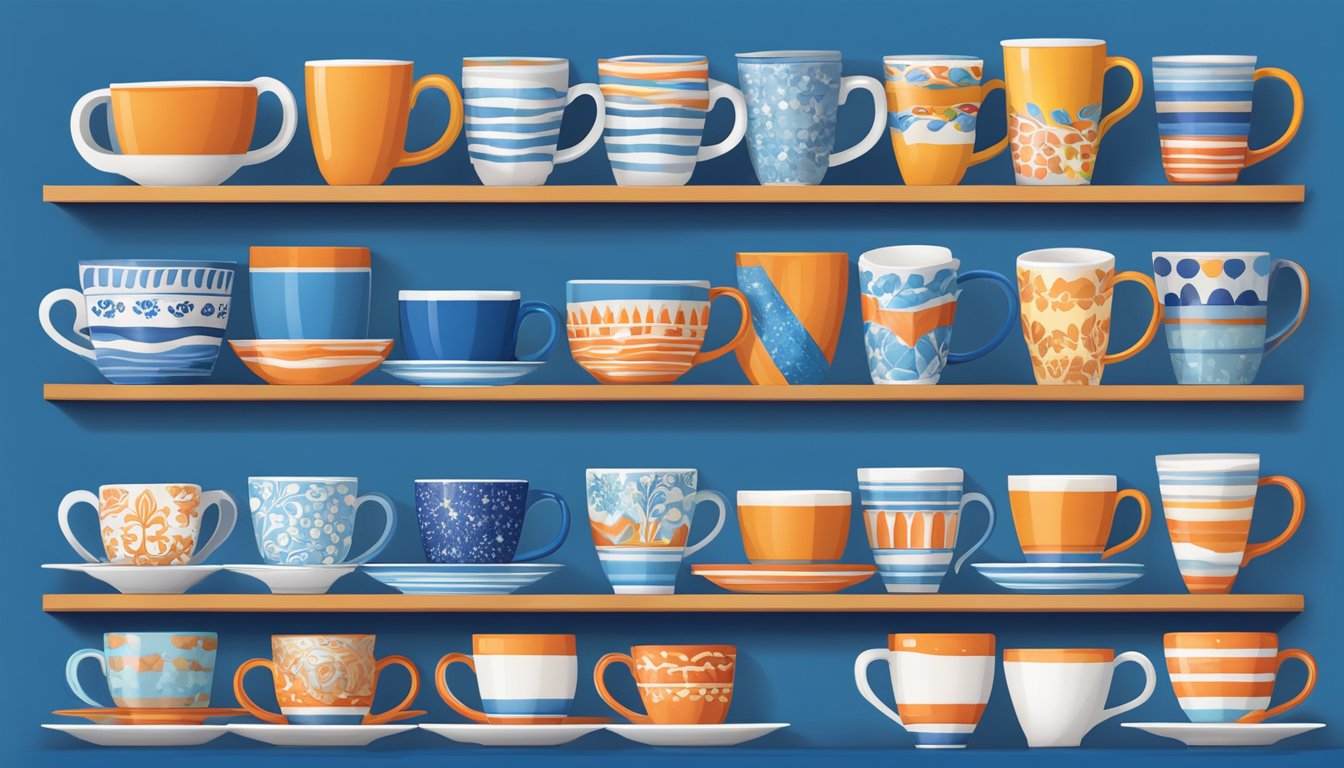 A shelf lined with IHOP mugs of various designs and colors, with the iconic blue mug prominently displayed in the center