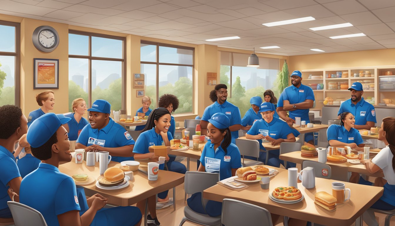 A group of people in IHOP uniforms are gathered around a table, engaged in a training session. The room is filled with the aroma of breakfast foods and the sound of lively conversation