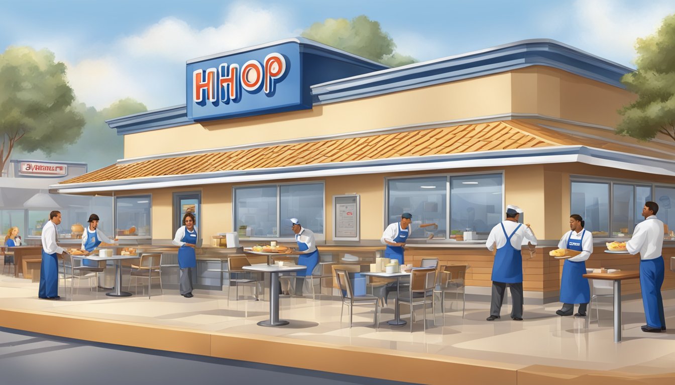 A bustling IHOP restaurant with staff training, cooking, and serving breakfast dishes with precision and expertise