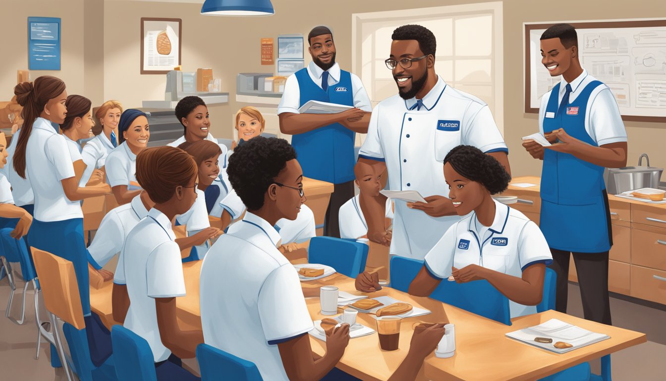 A group of people in IHOP uniforms gather around a table, engaged in a training session led by a knowledgeable instructor. Visual aids and educational materials are prominently displayed