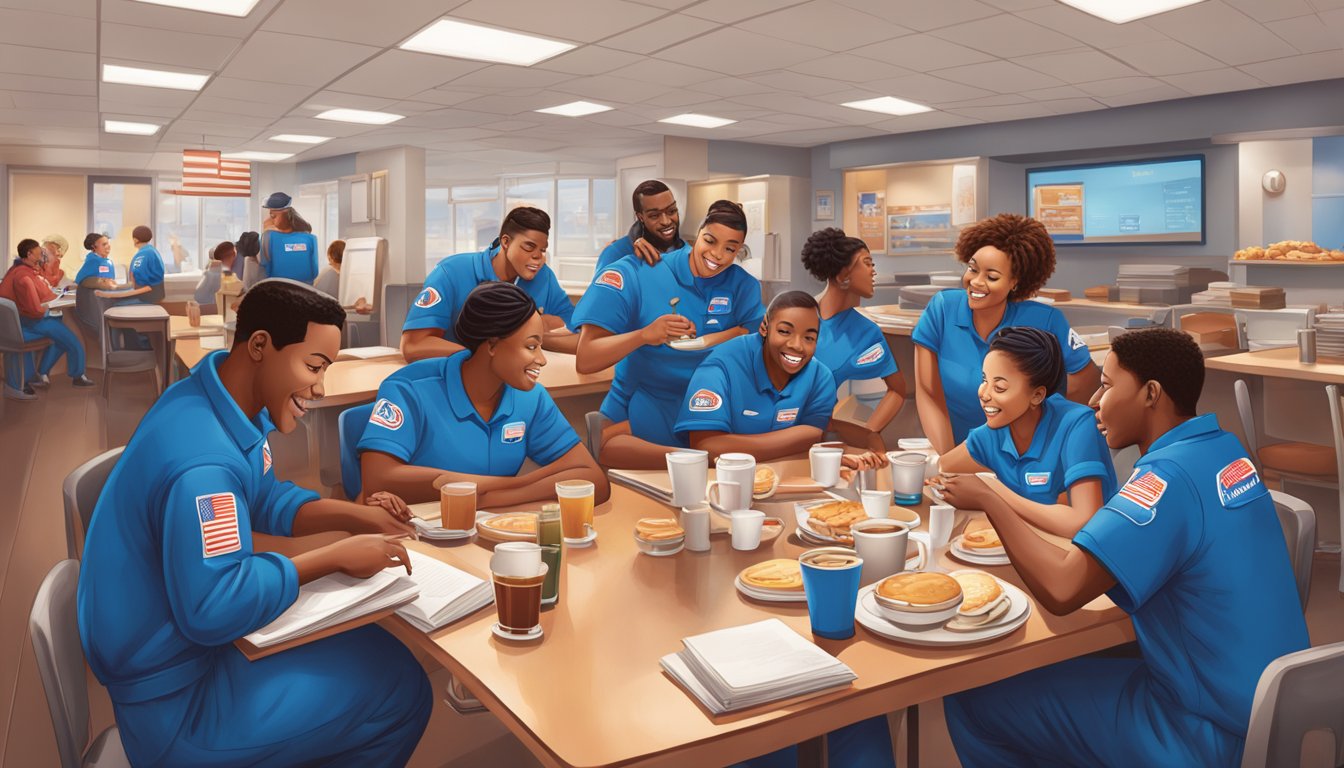 A group of people in IHOP uniforms gather around a table, studying training materials and engaging in discussion. The room is filled with the aroma of sizzling bacon and freshly brewed coffee