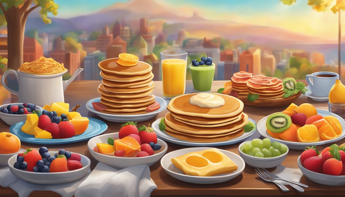 A lively breakfast scene with a steaming stack of pancakes, sizzling bacon, and a colorful array of fruit, all set to the backdrop of a cheerful jingle