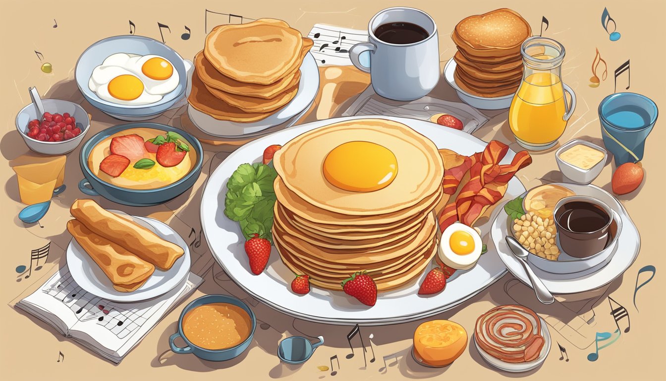 A colorful array of breakfast items, from pancakes to eggs and bacon, set against a backdrop of a musical staff with notes floating in the air