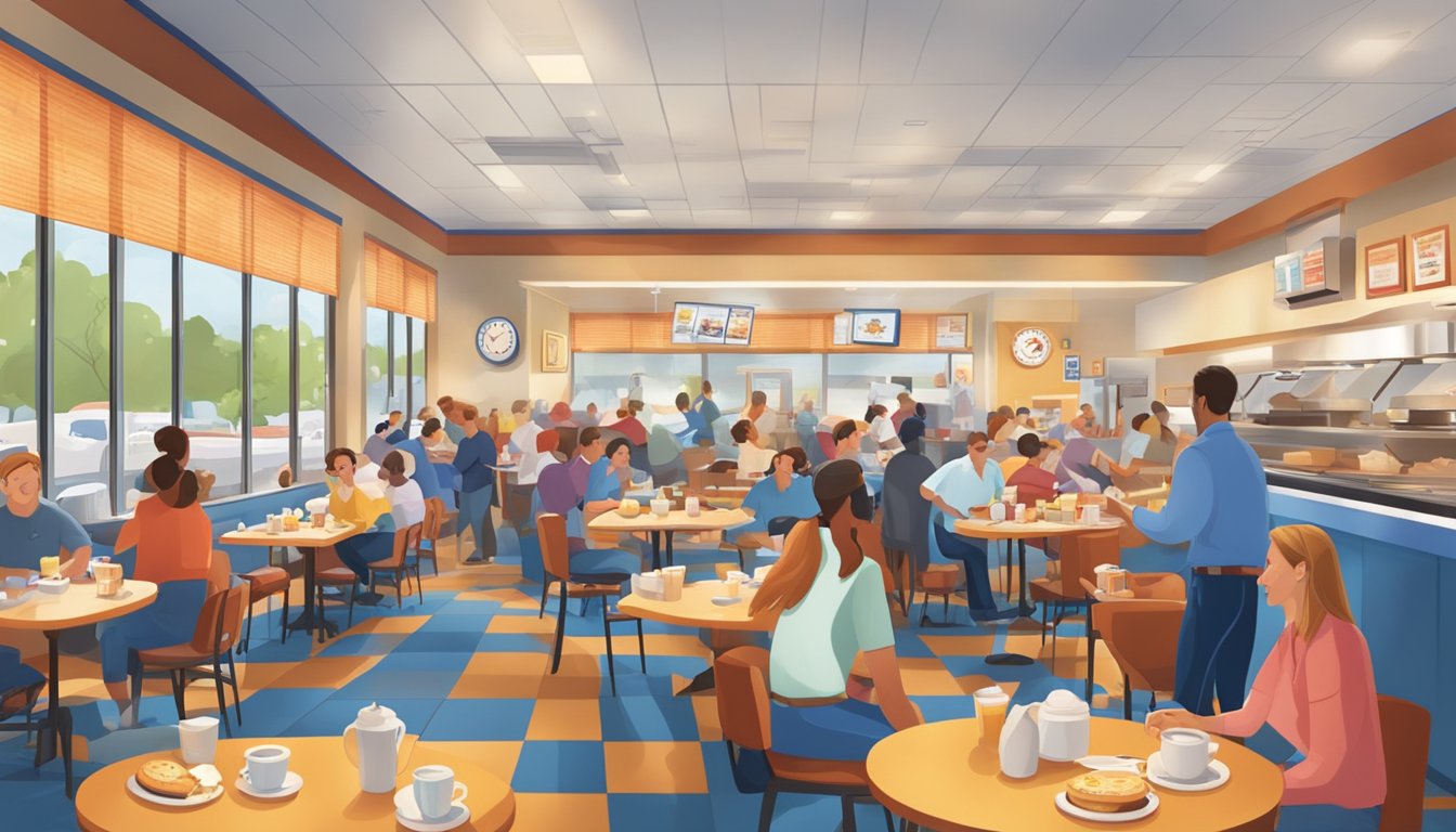 A bustling IHOP restaurant with steaming plates of signature breakfast dishes set to the backdrop of a lively jingle playing in the background