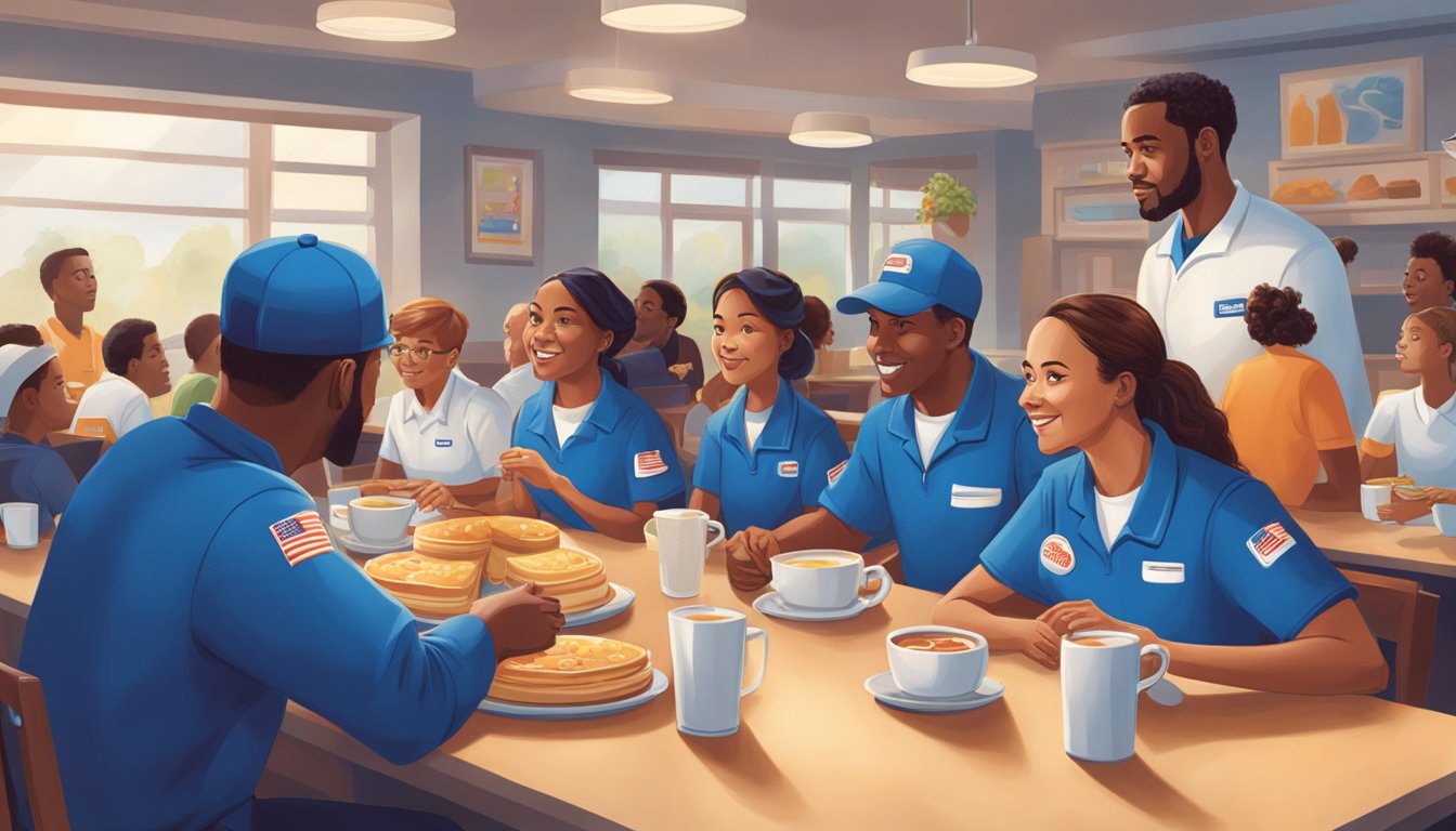 A group of people in IHOP uniforms gather around a table, listening to a trainer explain the finer points of breakfast preparation