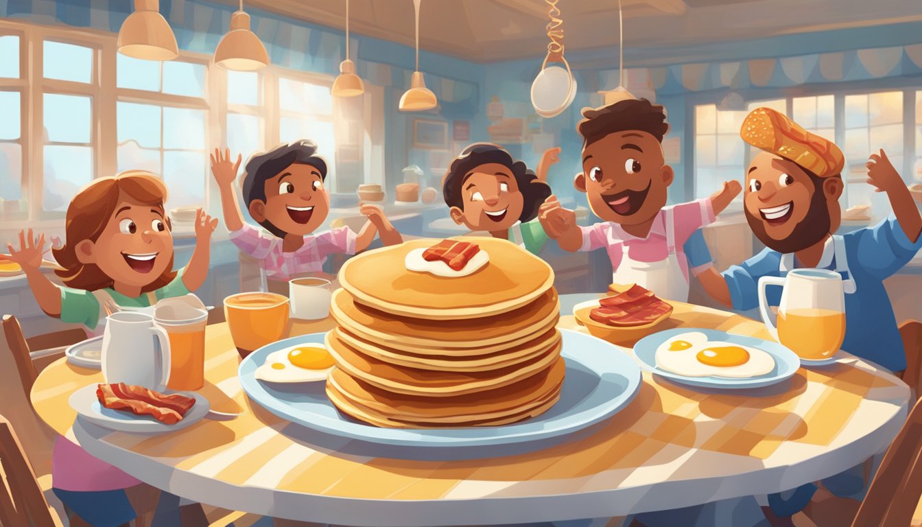 A lively breakfast scene with pancakes, eggs, and bacon dancing to the tune of the IHOP jingle