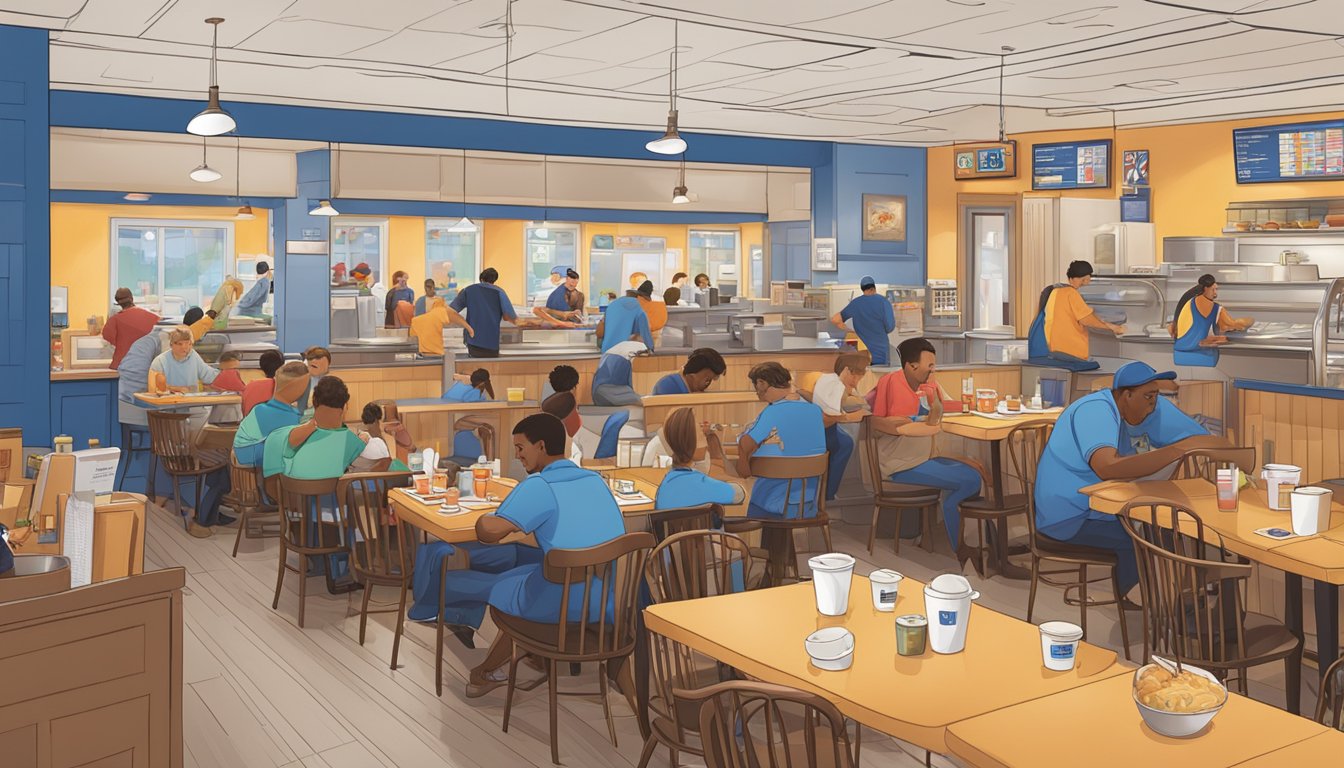 The bustling IHOP restaurant with a constant flow of customers, delivery drivers, and staff working around the clock. Tables are filled with people enjoying meals at all hours