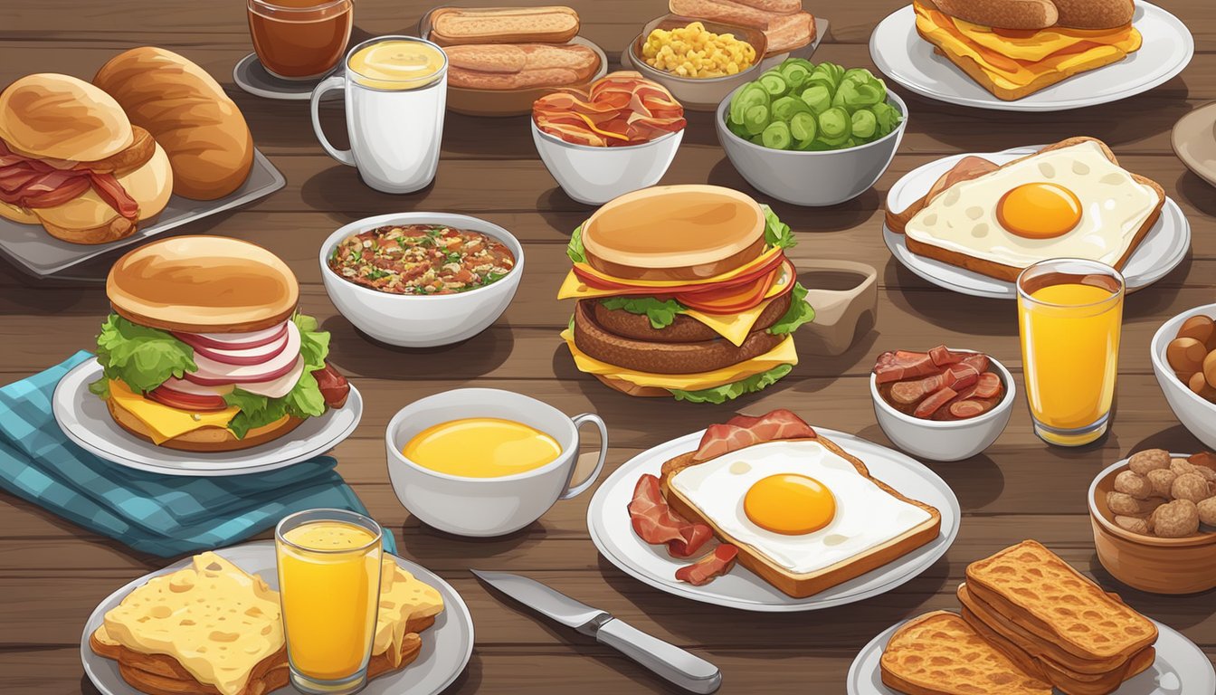 A colorful array of breakfast sandwiches displayed on a wooden table, surrounded by various ingredients like eggs, bacon, sausage, and cheese