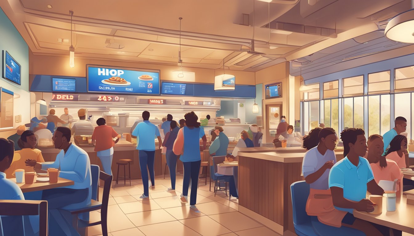 A bustling IHOP restaurant with a glowing sign, open 24/7, with customers dining inside and a steady flow of people coming in and out