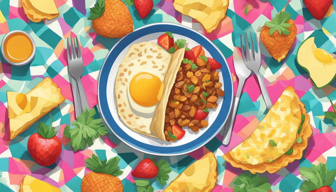 A colorful plate with a breakfast burrito, crispy hash browns, and a side of fresh fruit on a bright, patterned tablecloth