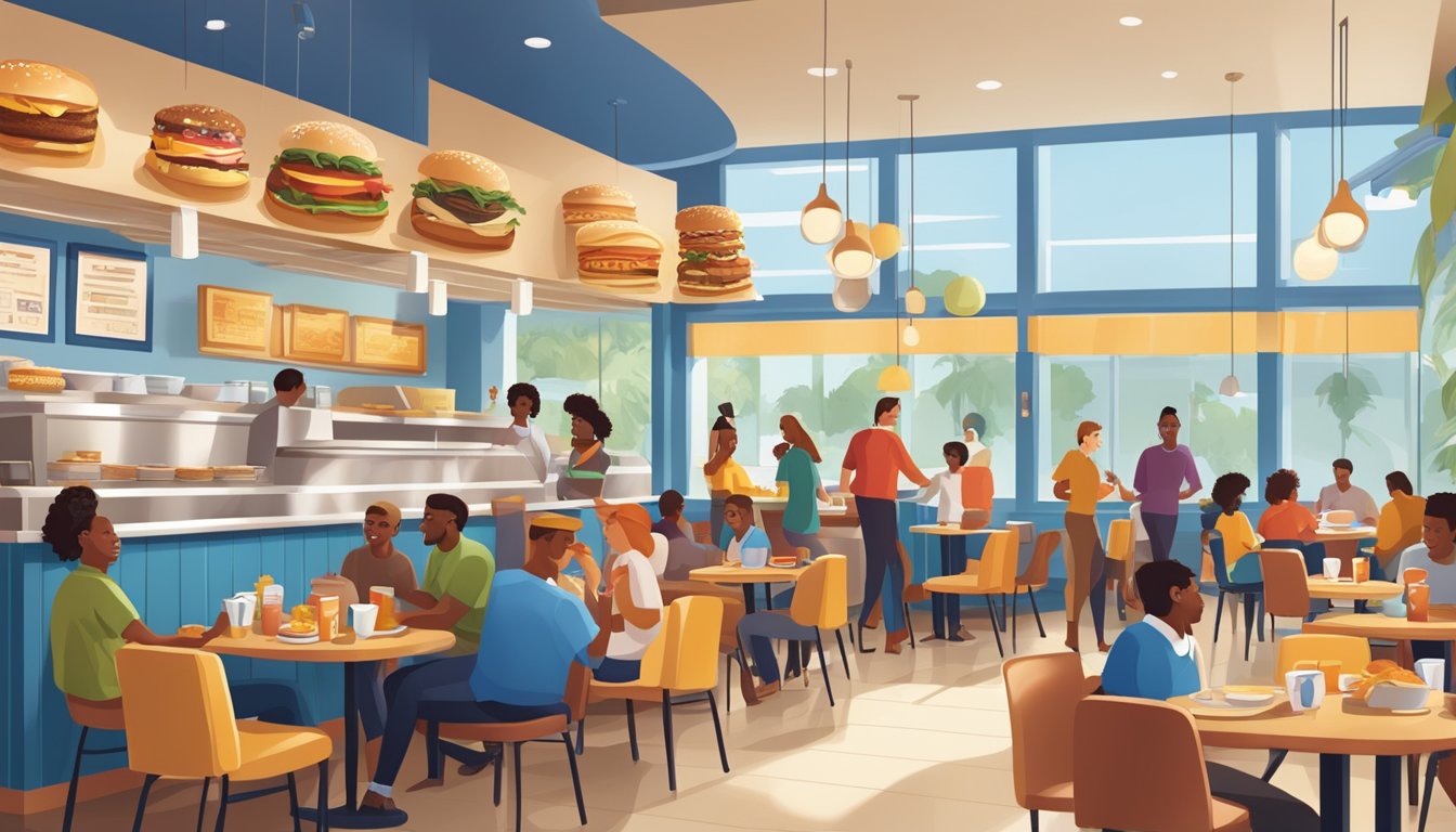 A bustling IHOP restaurant with a diverse crowd enjoying a variety of breakfast sandwiches, surrounded by local decor and trendy design elements