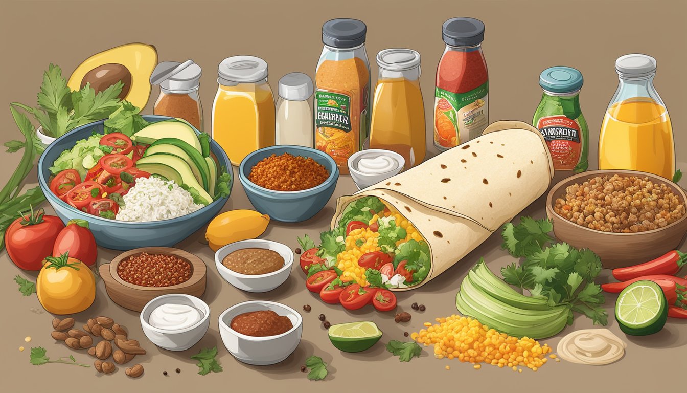 A breakfast burrito being prepared with customizable ingredients, surrounded by Tex-Mex spices and fresh produce