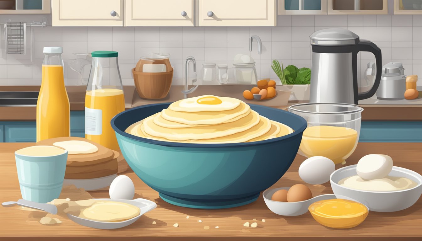 A large mixing bowl filled with a creamy, thick pancake batter sits on a kitchen counter, surrounded by a variety of fresh ingredients like eggs, flour, and milk