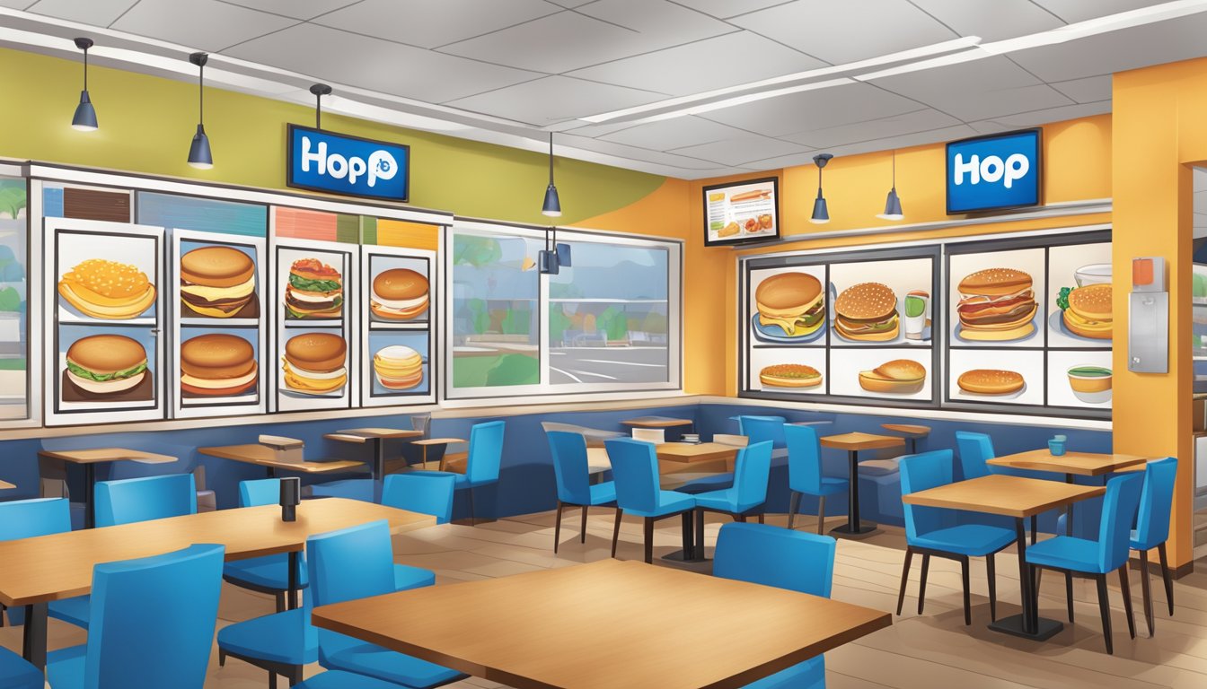 A colorful IHOP restaurant with a variety of breakfast sandwiches displayed on a modern, accessible menu board. Customers of all abilities enjoy their meals at accessible tables