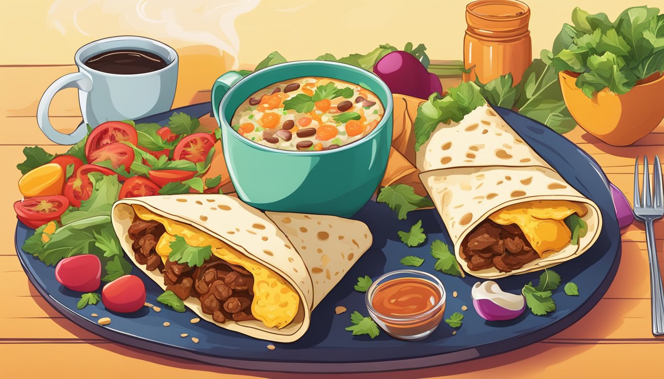 A sizzling breakfast burrito surrounded by fresh ingredients and a steaming cup of coffee on a vibrant table setting