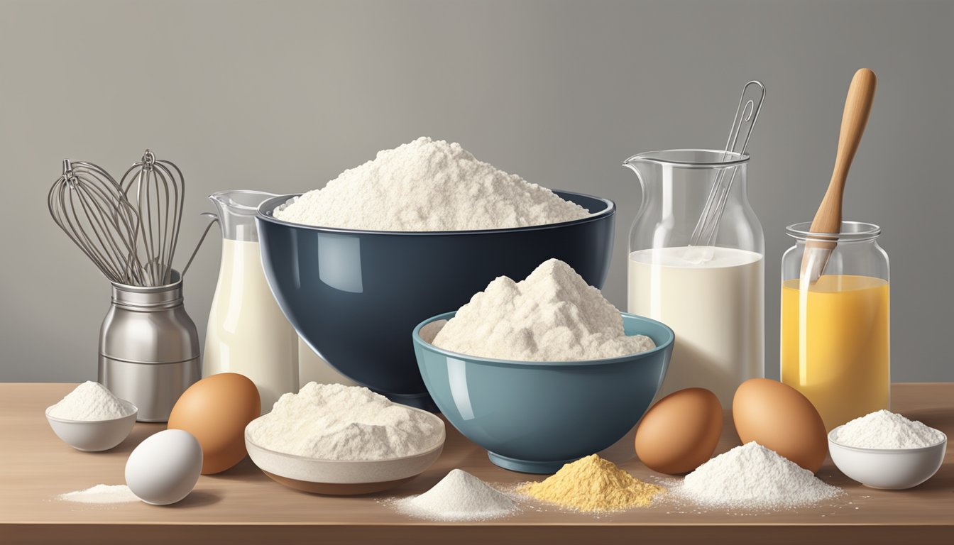 A large mixing bowl filled with flour, eggs, milk, and a secret ingredient, with a whisk and measuring cups scattered around on a kitchen counter