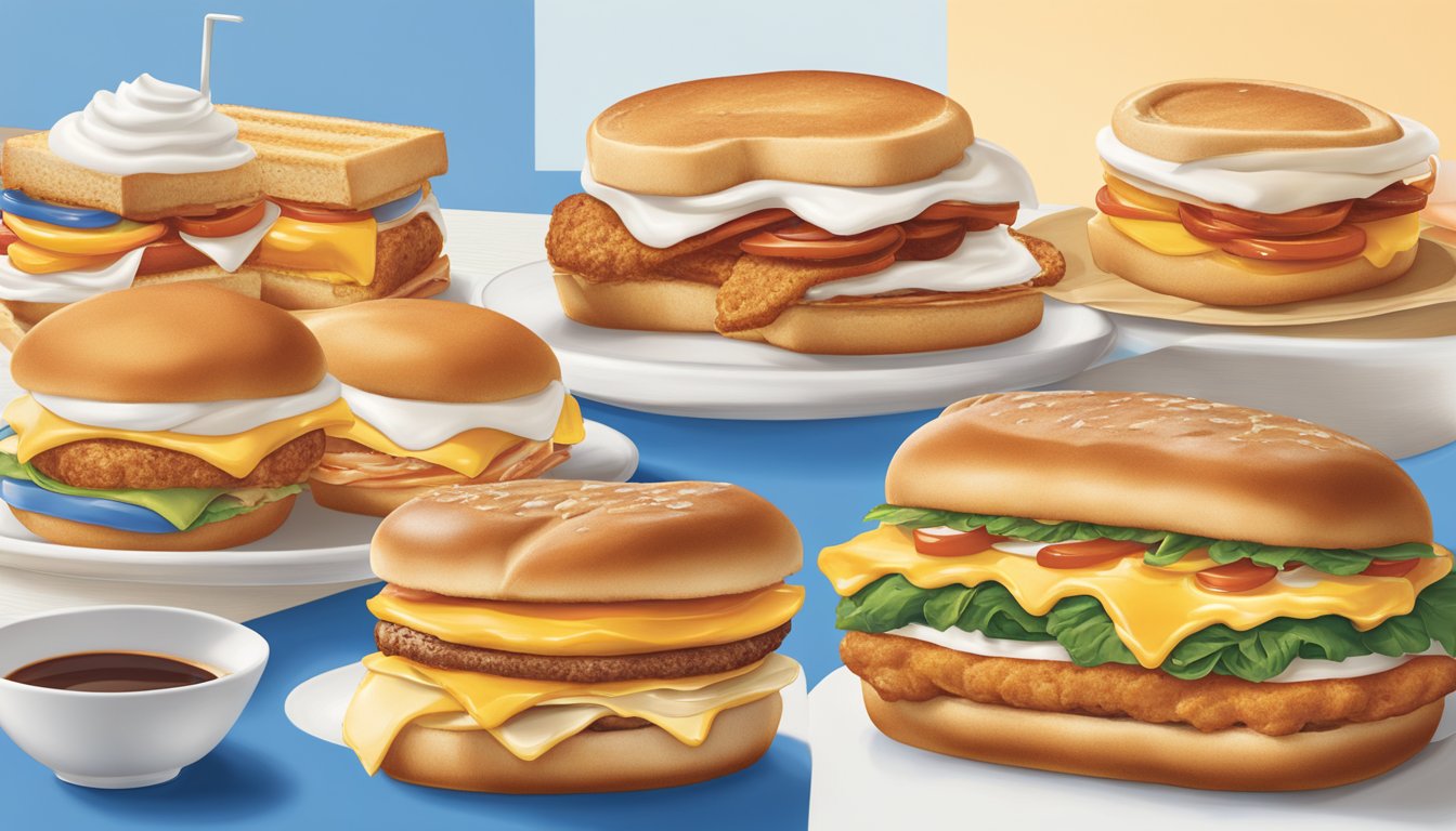 A colorful display of IHOP breakfast sandwiches through the years, from classic to modern, with vibrant promotional signage and logos