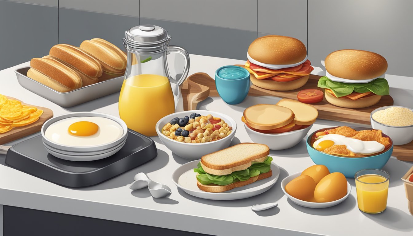 A colorful display of various breakfast sandwich ingredients and toppings, arranged on a clean, modern kitchen counter