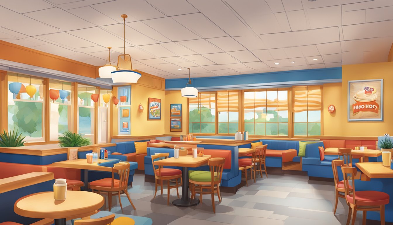 A cozy IHOP interior with warm lighting, comfortable seating, and a welcoming atmosphere. The use of cheerful colors and playful decor creates a friendly and inviting ambiance for customers