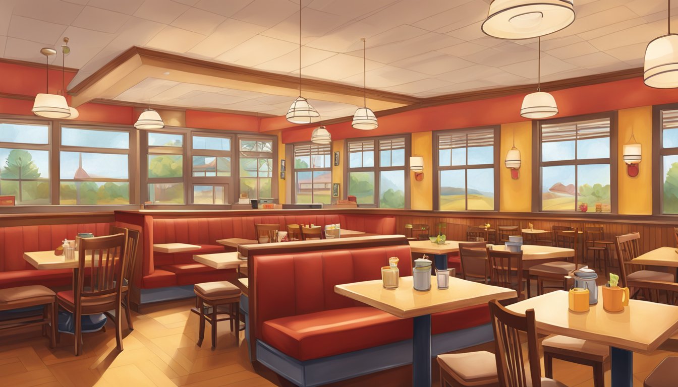 A cozy, warm-toned IHOP interior with a mix of red, yellow, and brown hues. Comfortable seating and a welcoming layout create a relaxed dining atmosphere