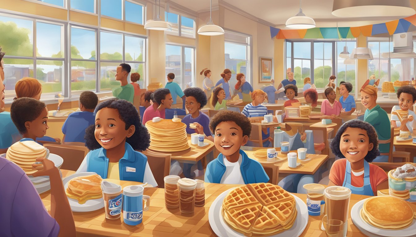 A colorful array of waffles and pancakes displayed on a grand table, surrounded by eager customers at IHOP