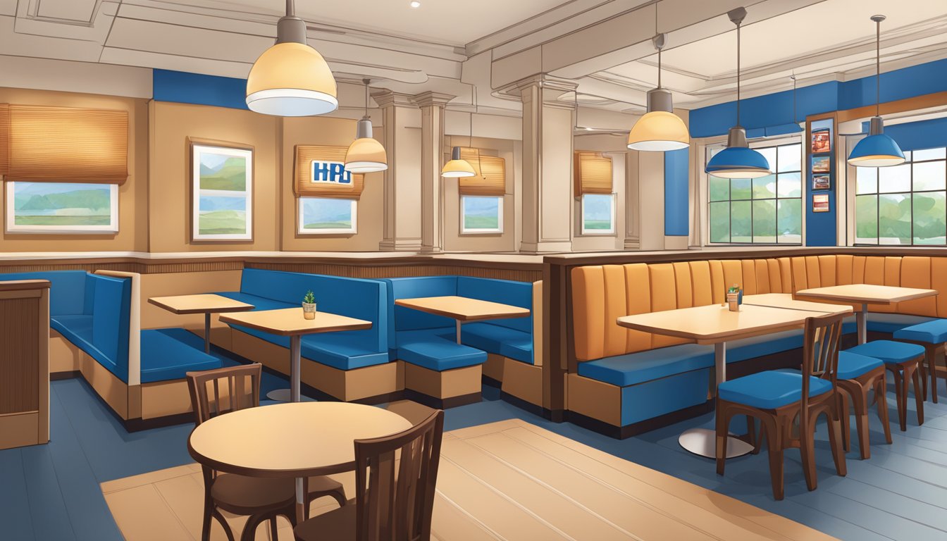 An IHOP interior with versatile seating, warm lighting, and a mix of cozy booths and open tables. The color scheme is inviting and the layout encourages social interaction