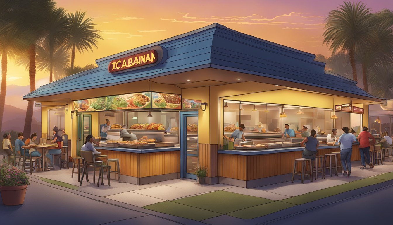 A bustling Taco Cabana restaurant at dawn, with steaming breakfast tacos being served to a mix of early risers and night owls