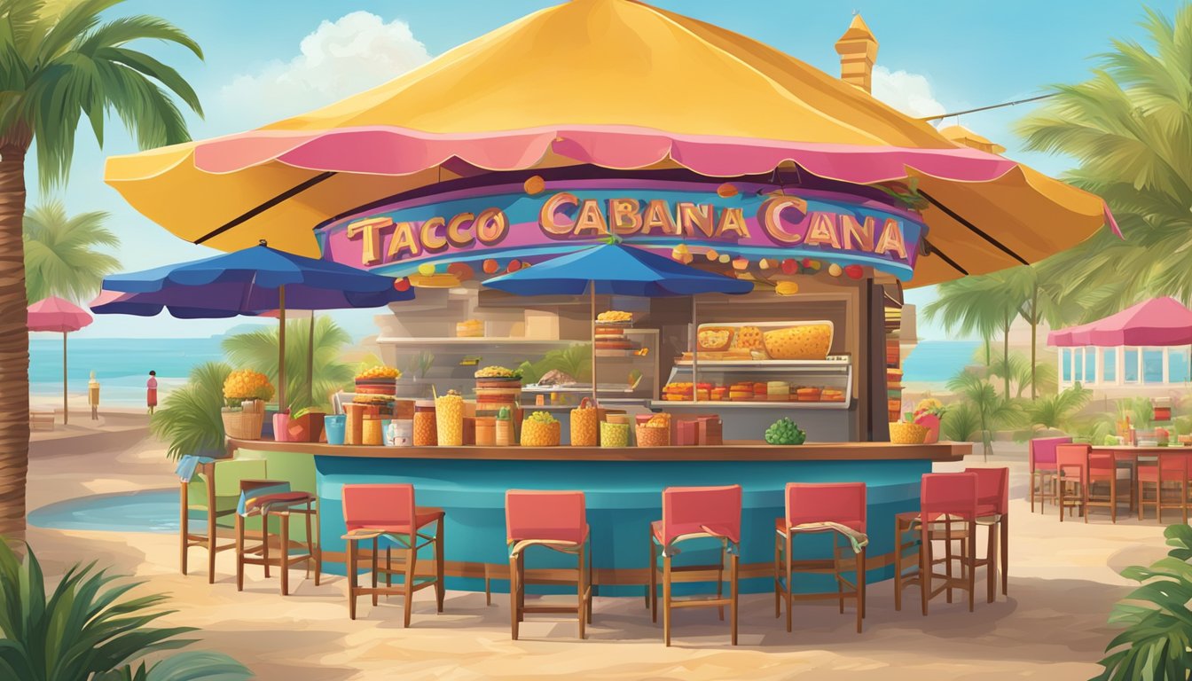 A colorful outdoor scene with a Taco Cabana restaurant sign and a large umbrella, surrounded by a festive atmosphere with food and drink items