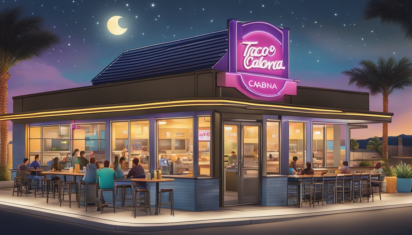 A bustling Taco Cabana location with a glowing sign, drive-thru window, and outdoor seating area, surrounded by customers at various times of day and night