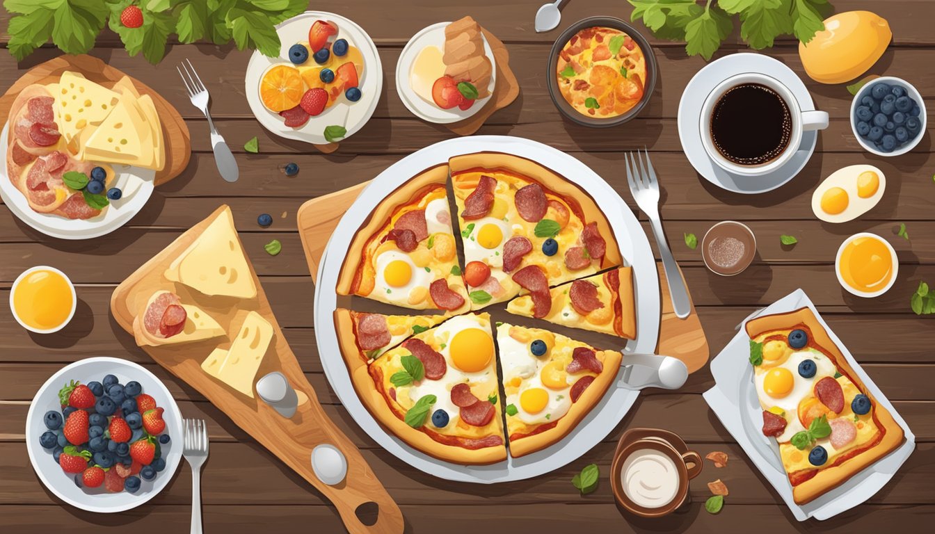 A sizzling breakfast pizza topped with eggs, bacon, and cheese, surrounded by a mix of fresh fruits and a steaming cup of coffee on a rustic wooden table