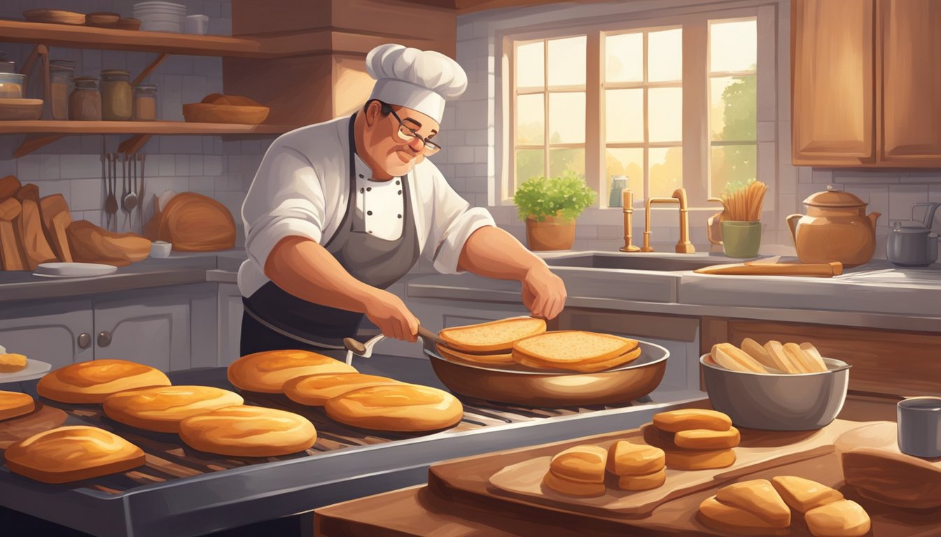 A chef in a cozy kitchen carefully dips thick slices of bread into a rich, golden batter before sizzling them on a hot griddle. The aroma of cinnamon and vanilla fills the air