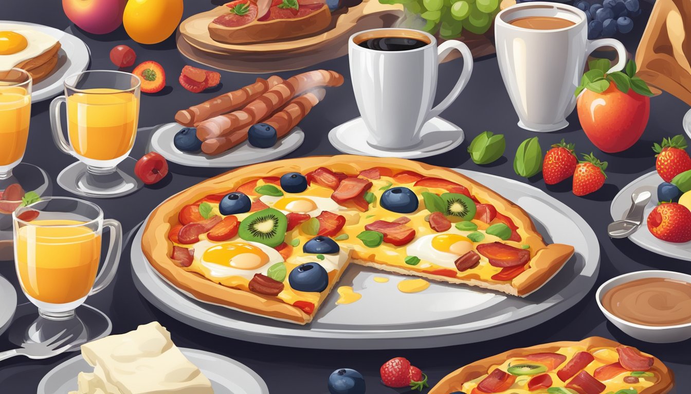 A sizzling breakfast pizza on a round plate with eggs, bacon, sausage, and melted cheese, surrounded by a colorful array of fresh fruits and a steaming cup of coffee