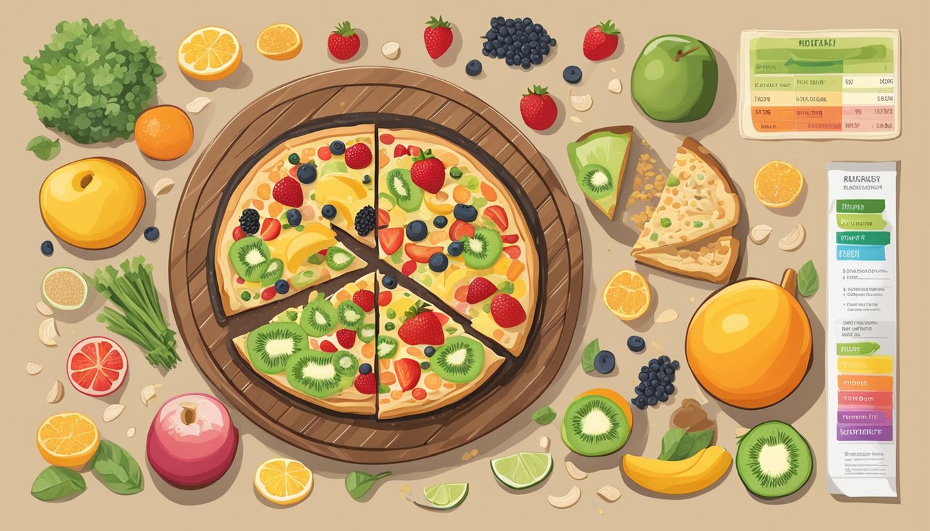 A colorful breakfast pizza surrounded by various fruits, vegetables, and grains, with a nutrition label displayed prominently