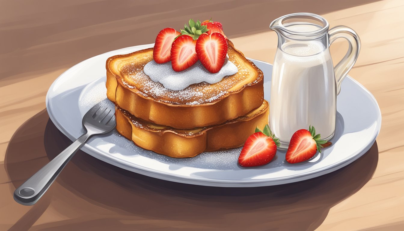 A stack of golden French toast topped with powdered sugar, strawberries, and a dollop of whipped cream sits on a white plate next to a small pitcher of maple syrup